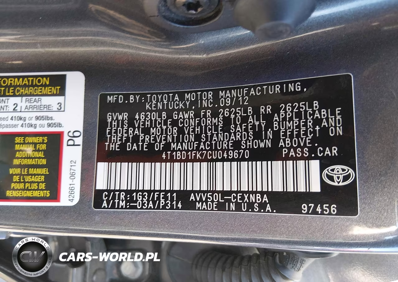 TOYOTA CAMRY HYBR VIN:4T1BD1FK7CU049670 - 9