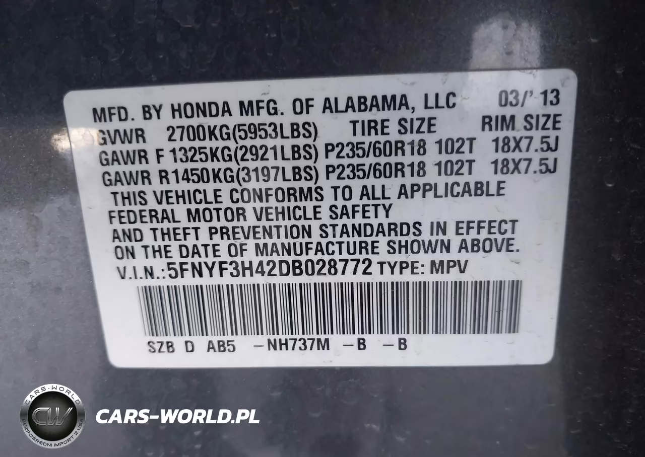 2013 Honda Pilot Ex VIN:5FNYF3H42DB028772 - 9