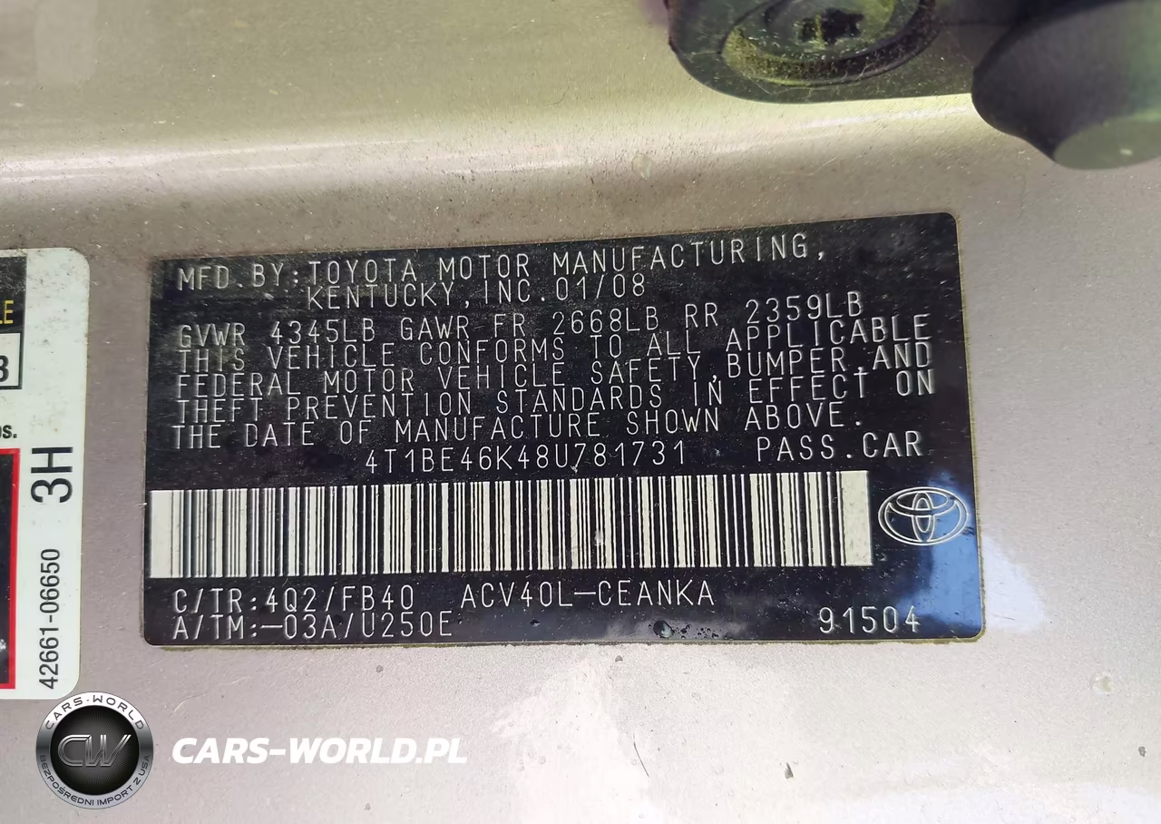 2008 Toyota Camry Le VIN:4T1BE46K48U781731 - 9