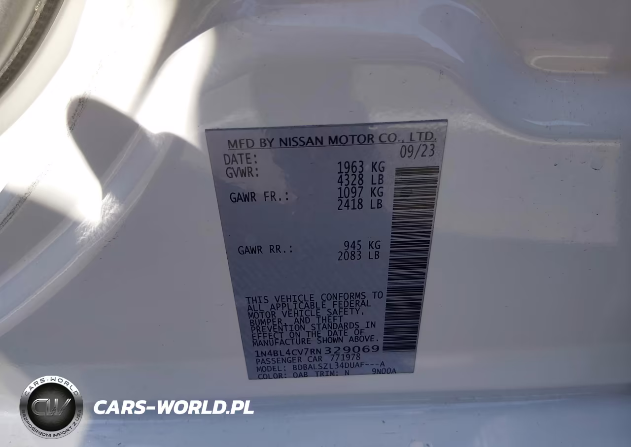 2024 Nissan Altima Sr Fwd VIN:1N4BL4CV7RN329069 - 9