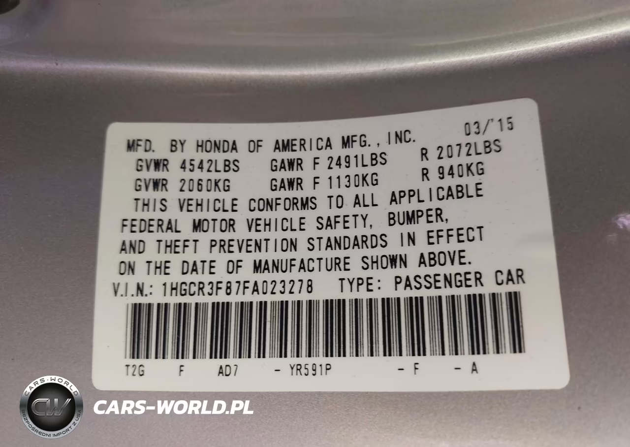 2015 Honda Accord Ex-L V-6 VIN:1HGCR3F87FA023278 - 9
