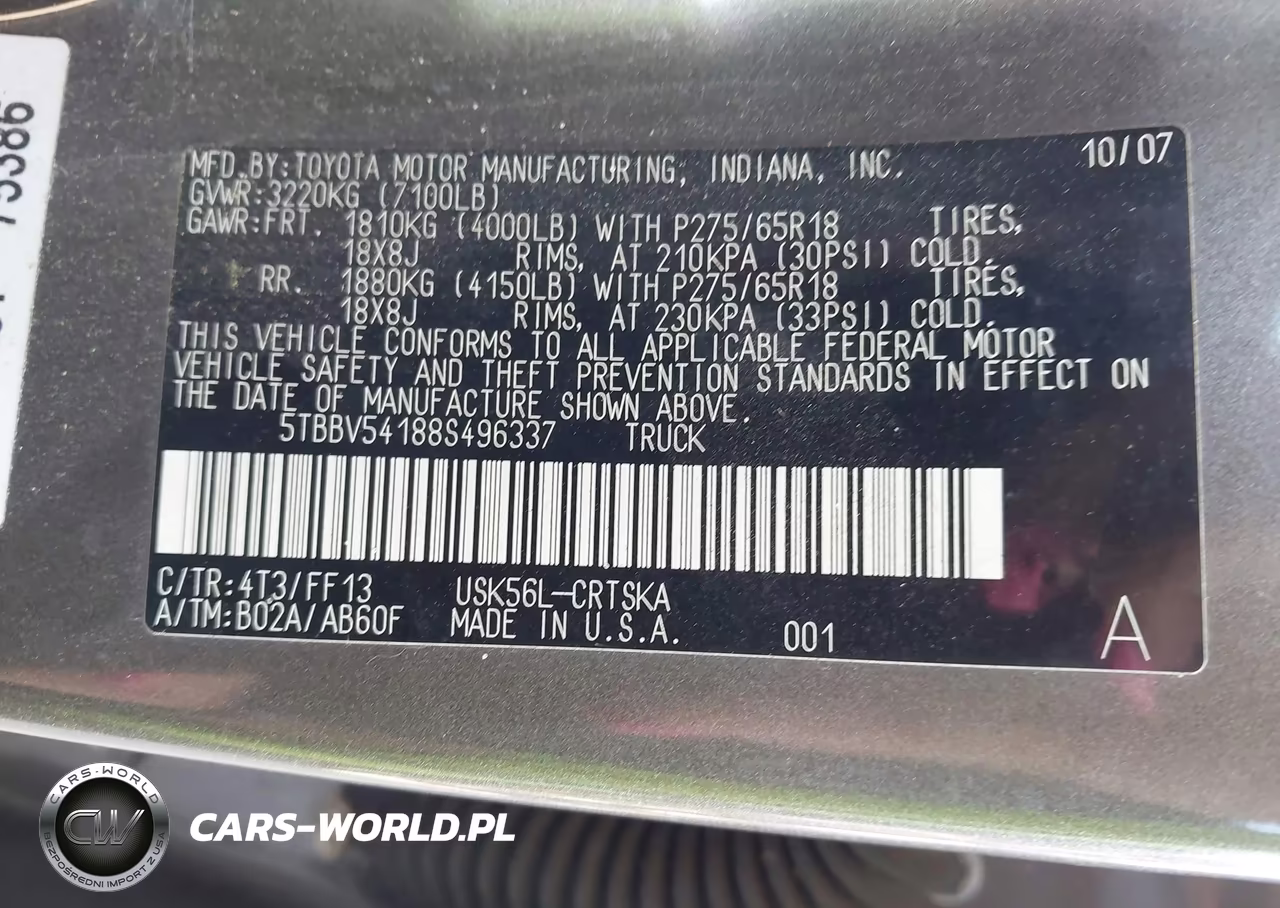2008 Toyota Tundra Sr5 5.7L V8 VIN:5TBBV54188S496337 - 9