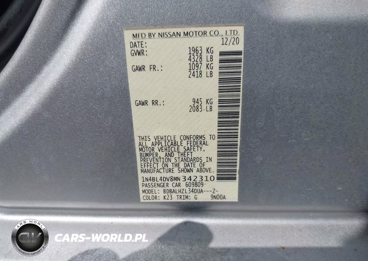 2021 Nissan Altima Sv Fwd VIN:1N4BL4DV8MN342310 - 9