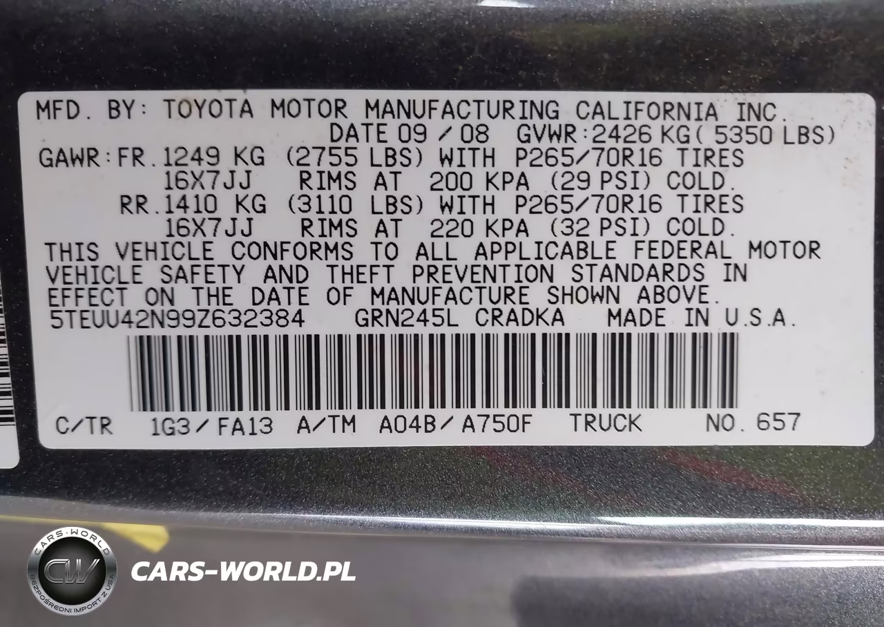 2009 Toyota Tacoma Base V6 VIN:5TEUU42N99Z632384 - 9
