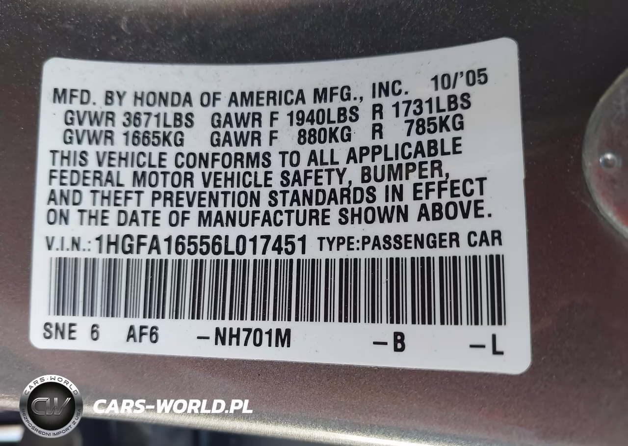 2006 Honda Civic Lx VIN:1HGFA16556L017451 - 9