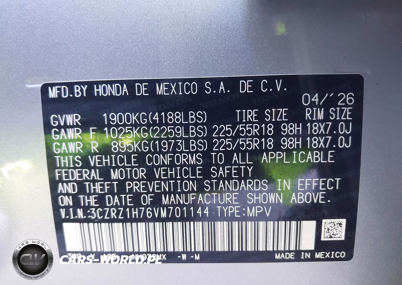2027 Honda Hr-V Ex-L 2Wd VIN:3CZRZ1H76VM701144 - 9