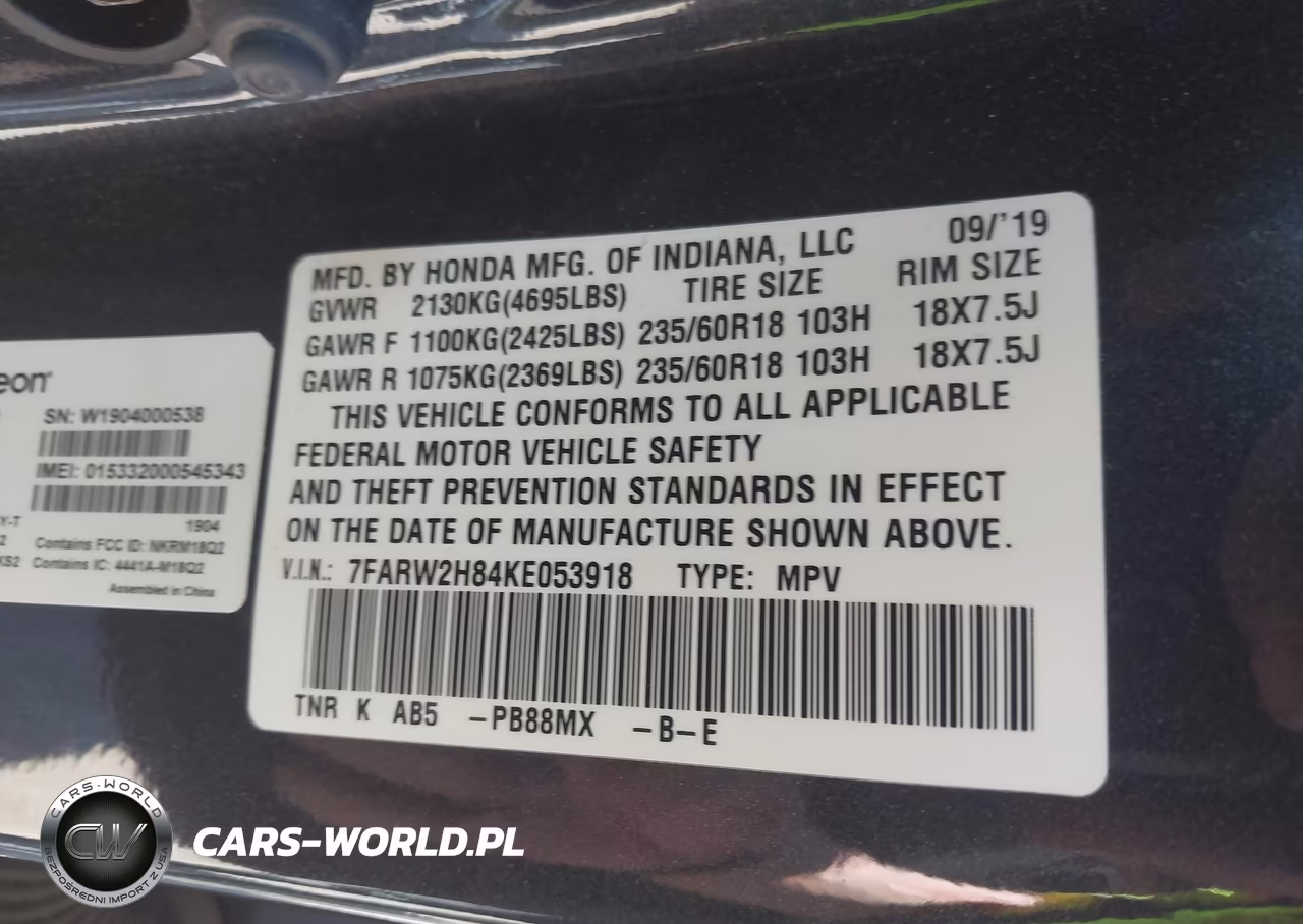 2019 Honda Cr-V Ex-L VIN:7FARW2H84KE053918 - 9