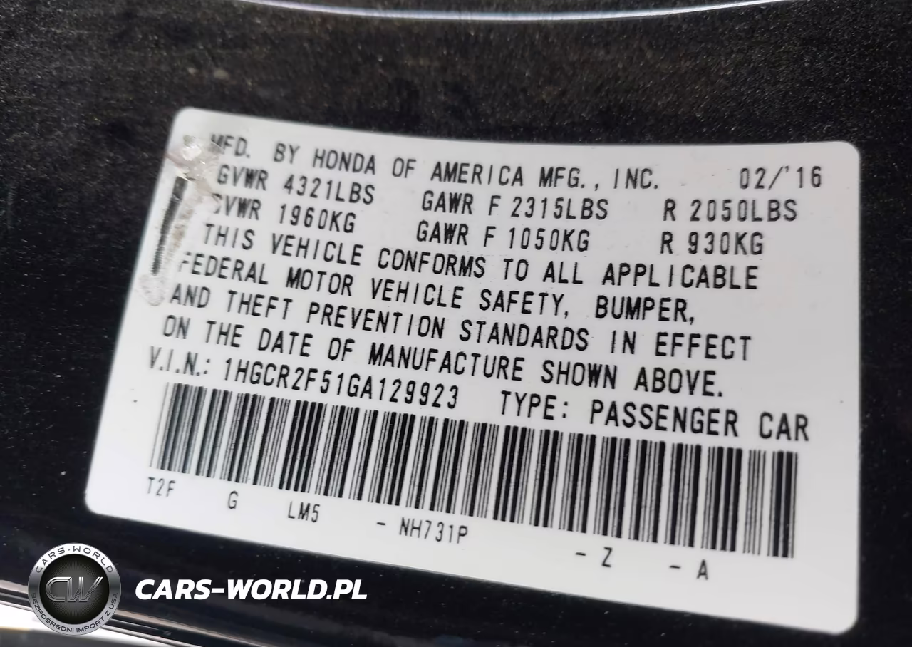 2016 Honda Accord Sport VIN:1HGCR2F51GA129923 - 9