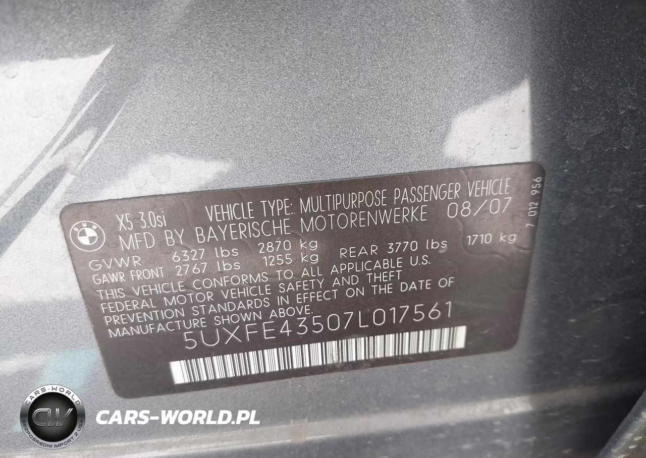 2007 BMW X5 3.0Si VIN:5UXFE43507L017561 - 9