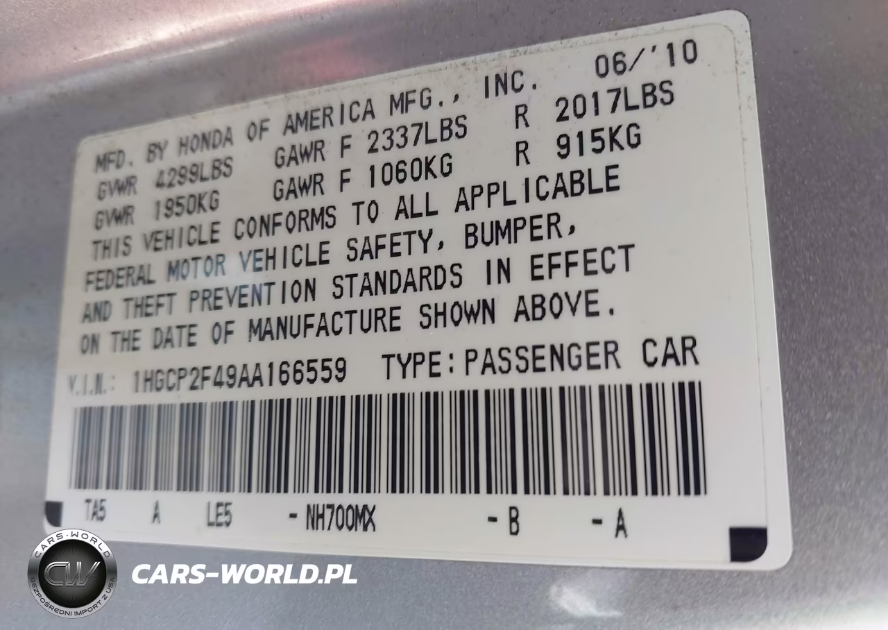 2010 Honda Accord 2.4 Lx-P VIN:1HGCP2F49AA166559 - 9