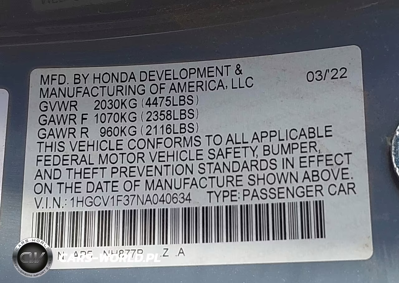 2022 Honda Accord Sport VIN:1HGCV1F37NA040634 - 9