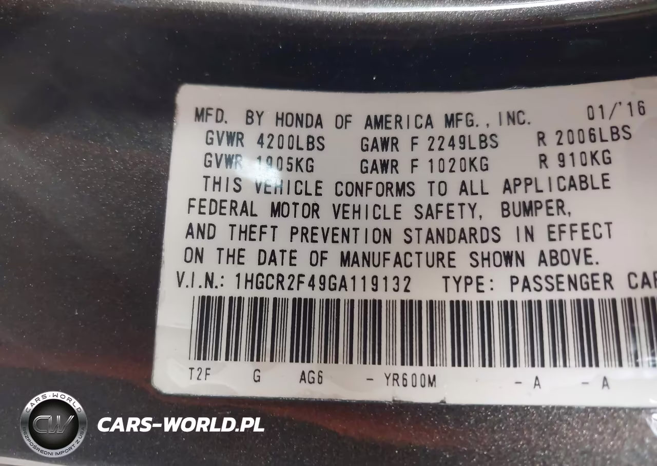 2016 Honda Accord Lx VIN:1HGCR2F49GA119132 - 9