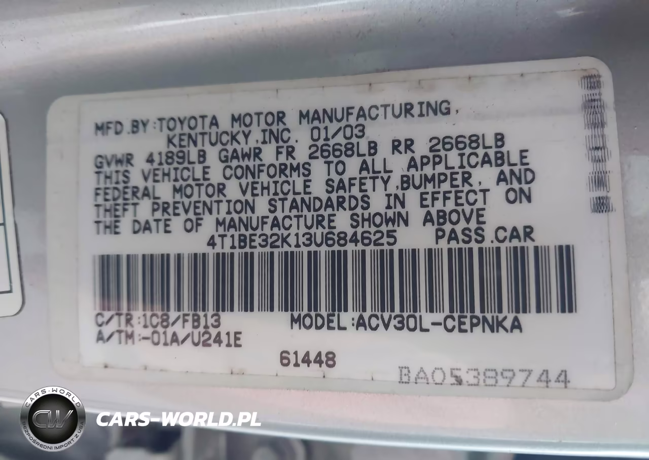 2003 Toyota Camry Le VIN:4T1BE32K13U684625 - 9