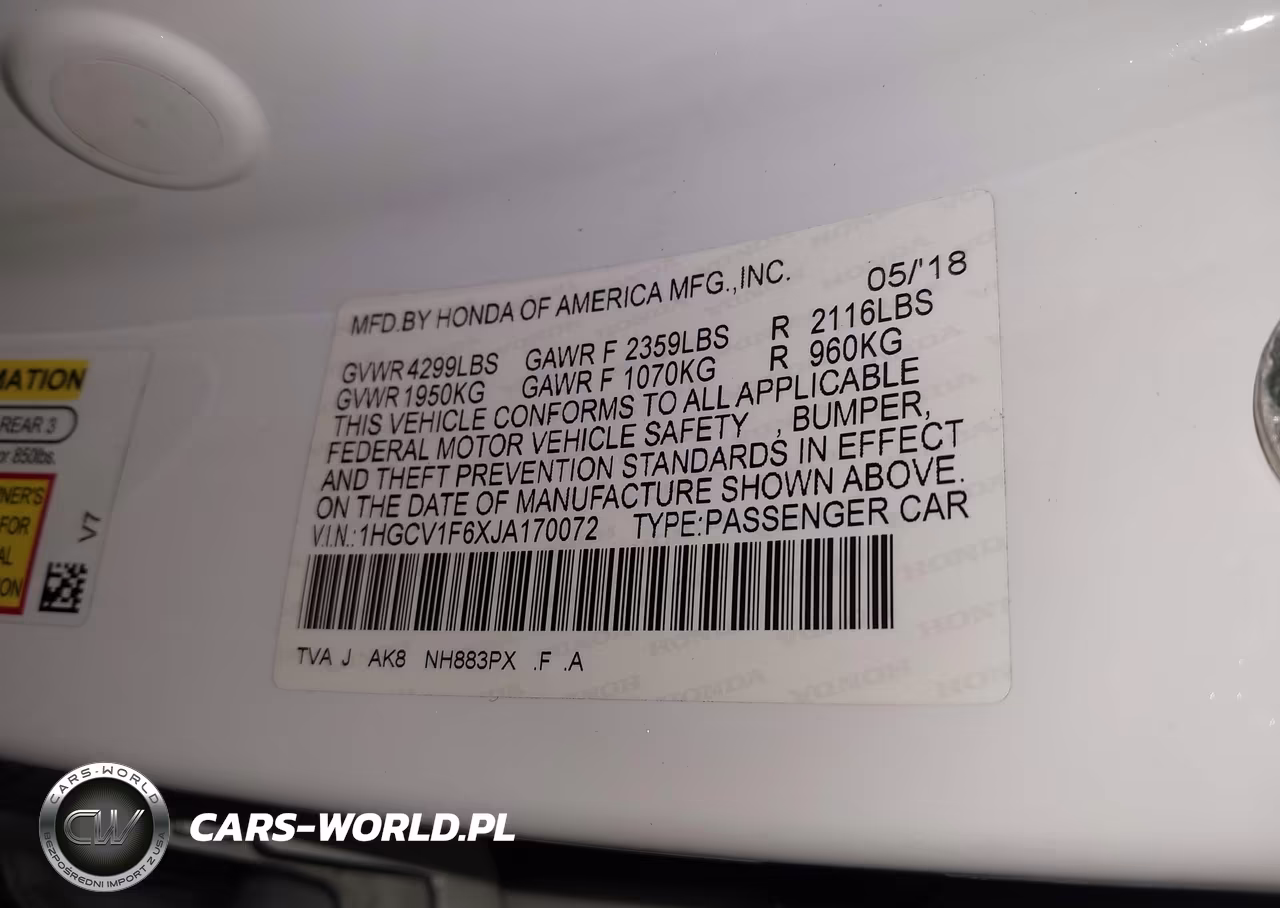 2018 Honda Accord Ex-L VIN:1HGCV1F6XJA170072 - 9