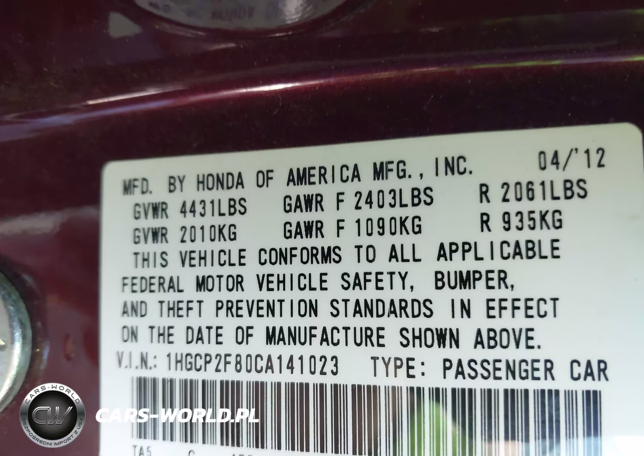 2012 Honda Accord 2.4 Ex-L VIN:1HGCP2F80CA141023 - 9