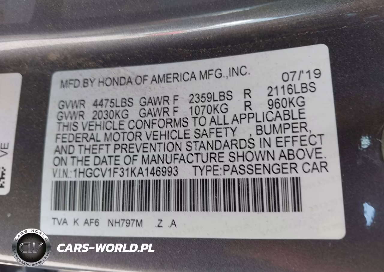 2019 Honda Accord Sport VIN:1HGCV1F31KA146993 - 9