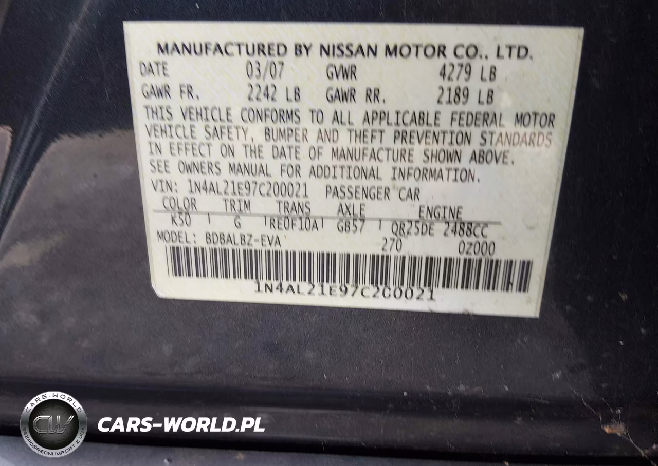 2007 Nissan Altima 2.5 S VIN:1N4AL21E97C200021 - 9