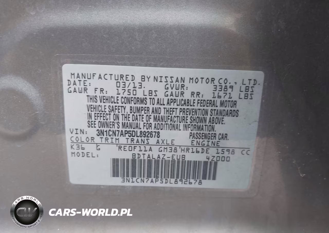 2013 Nissan Versa 1.6 S+ VIN:3N1CN7AP5DL892678 - 9