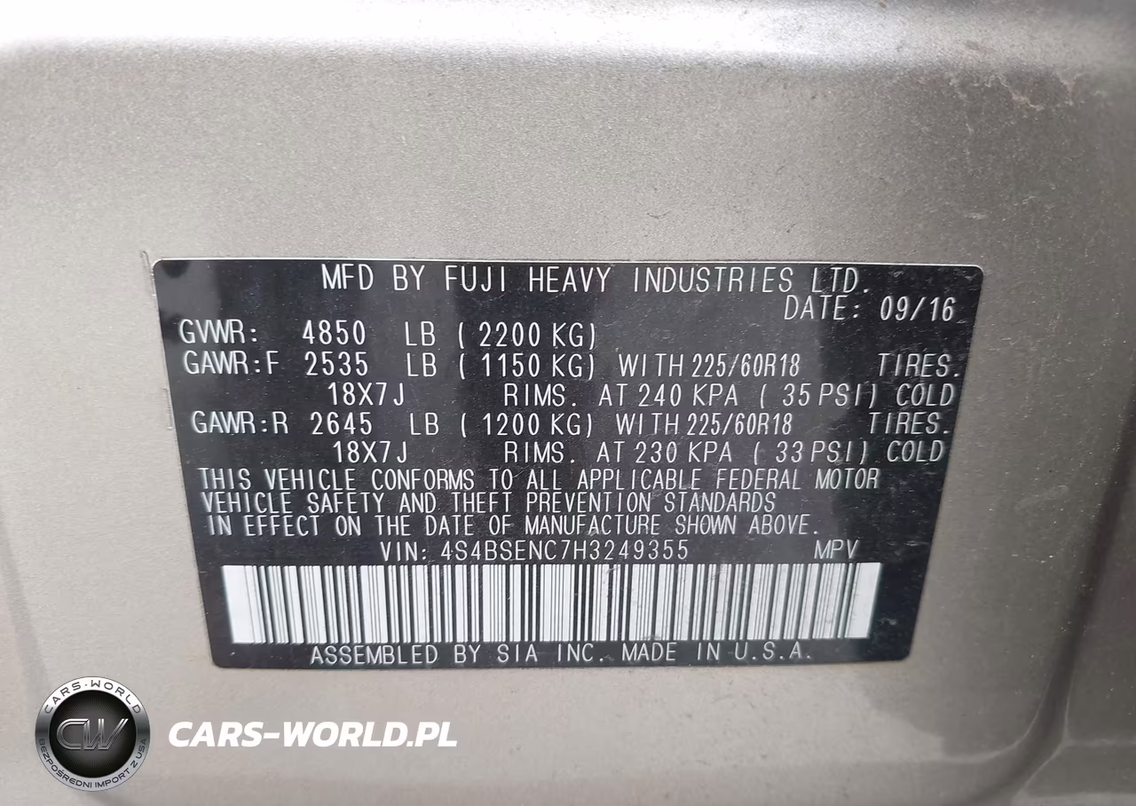 2017 Subaru Outback 3.6R Limited VIN:4S4BSENC7H3249355 - 9