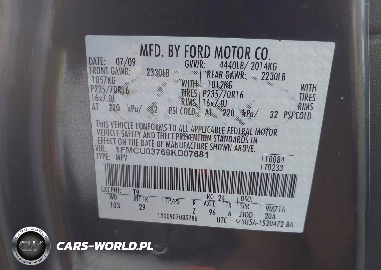 2009 Ford Escape Xlt VIN:1FMCU03769KD07681 - 9