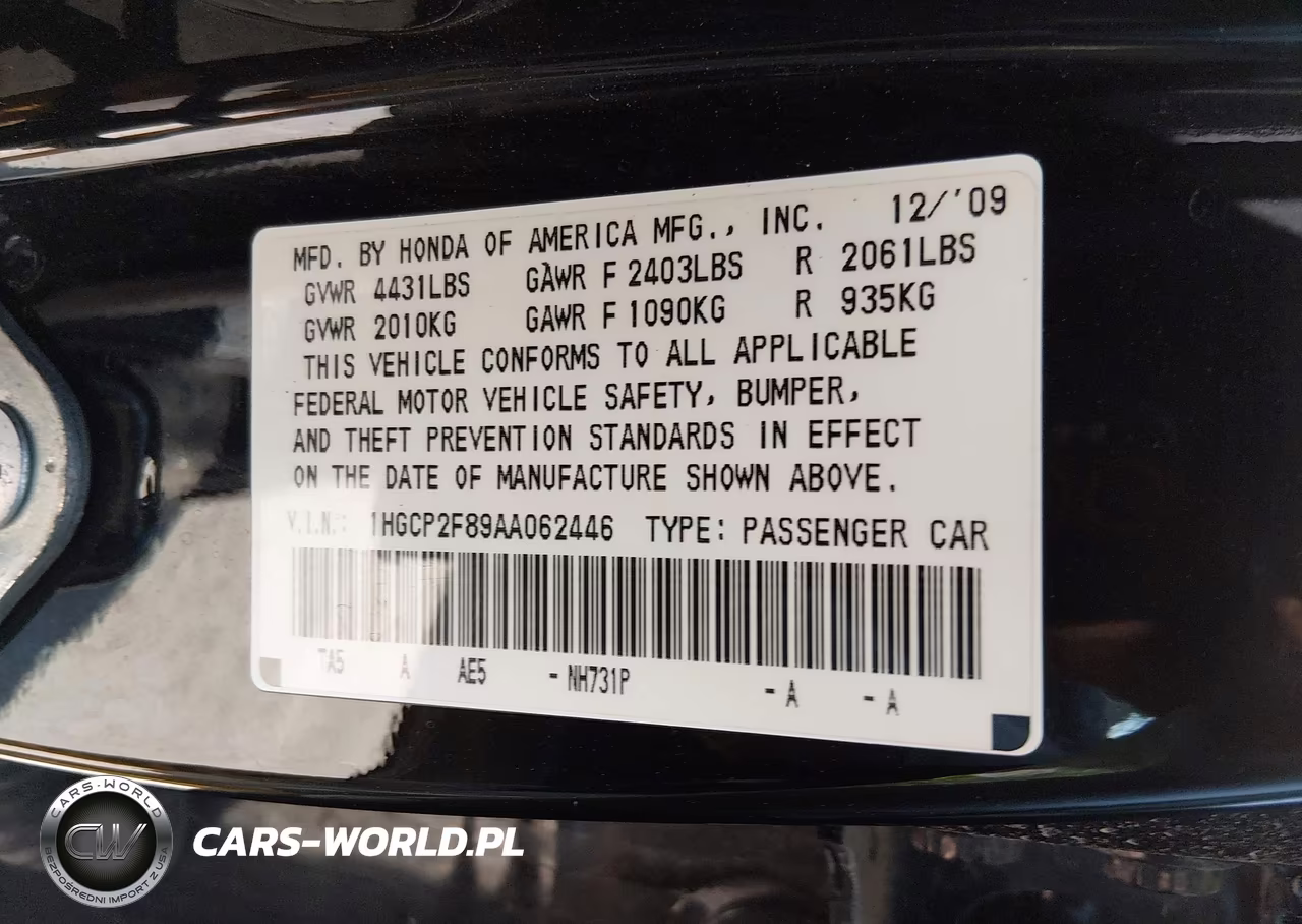 2010 Honda Accord 2.4 Ex-L VIN:1HGCP2F89AA062446 - 9
