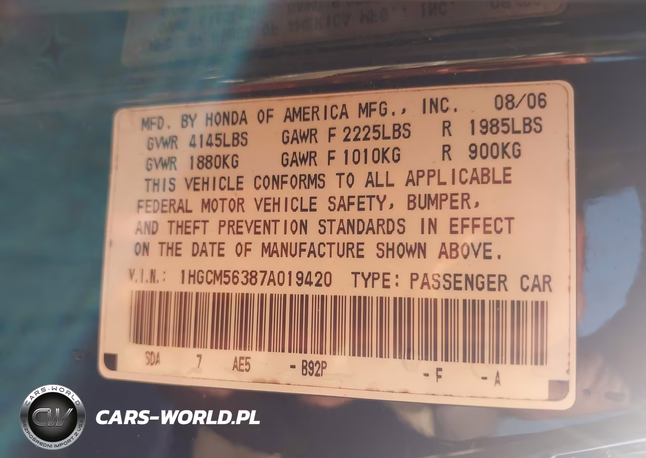 2007 Honda Accord 2.4 Se VIN:1HGCM56387A019420 - 9