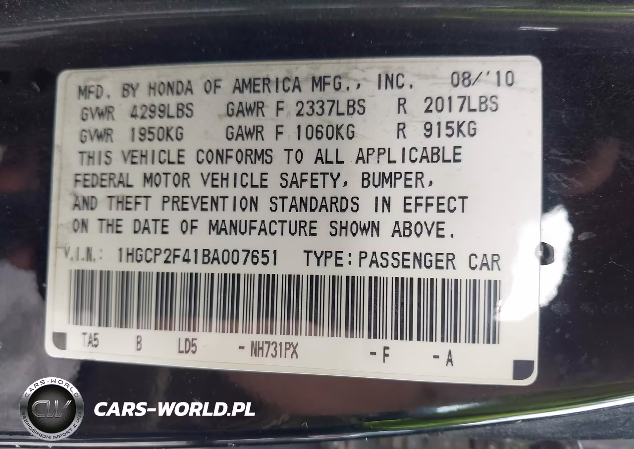 2011 Honda Accord 2.4 Lx-P VIN:1HGCP2F41BA007651 - 9