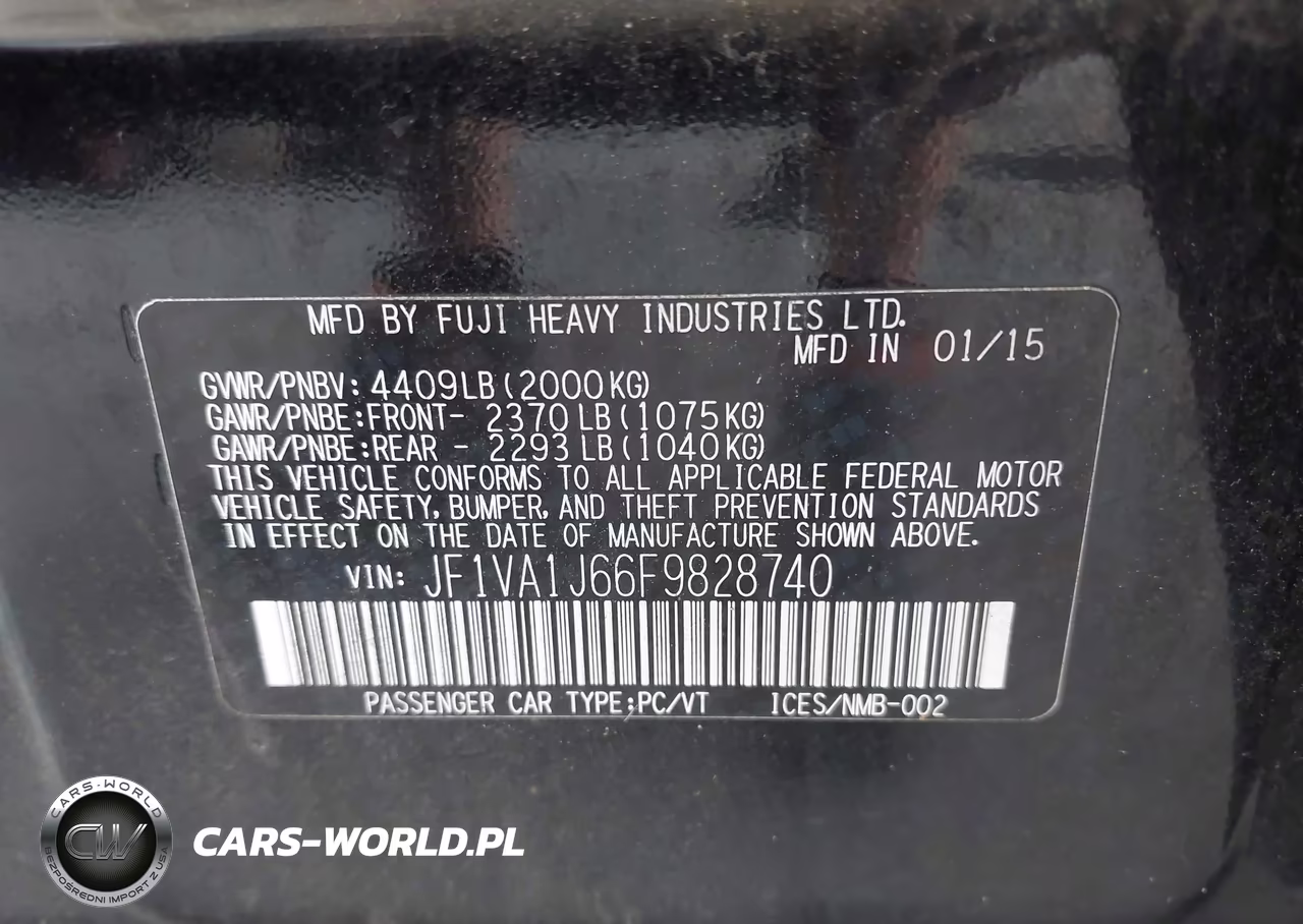 2015 Subaru Wrx Limited VIN:JF1VA1J66F9828740 - 9