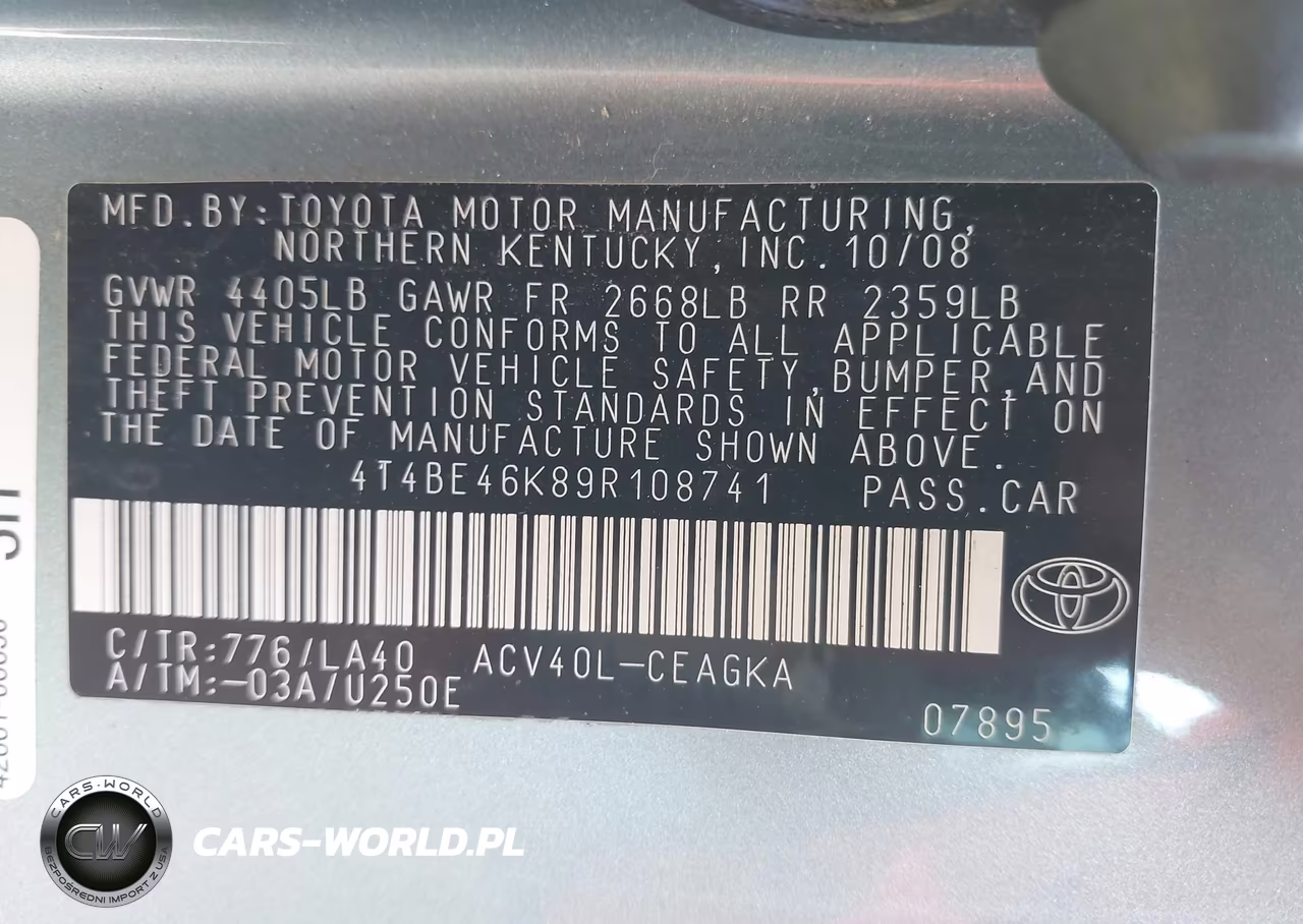 2009 Toyota Camry Xle VIN:4T4BE46K89R108741 - 8