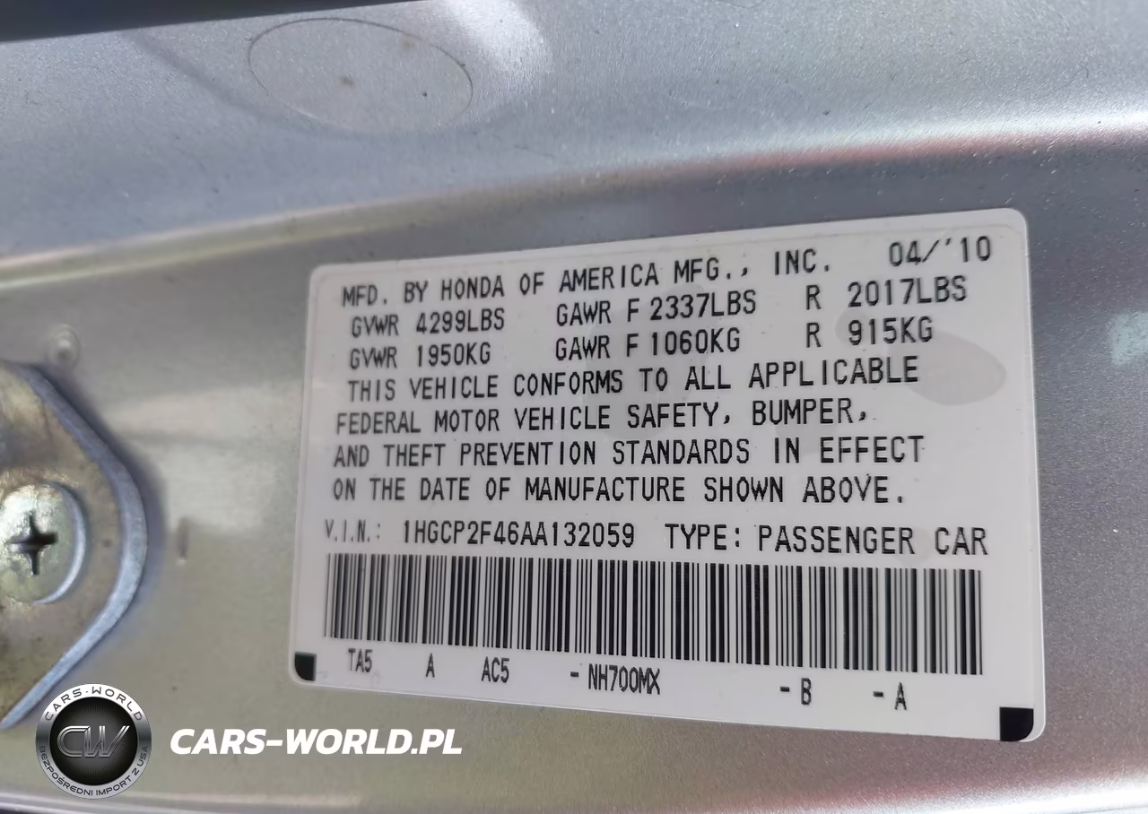 2010 Honda Accord 2.4 Lx-P VIN:1HGCP2F46AA132059 - 9