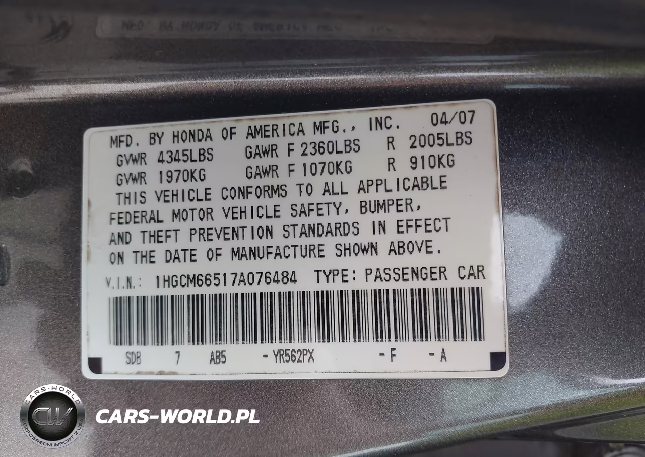 2007 Honda Accord 3.0 Ex VIN:1HGCM66517A076484 - 9