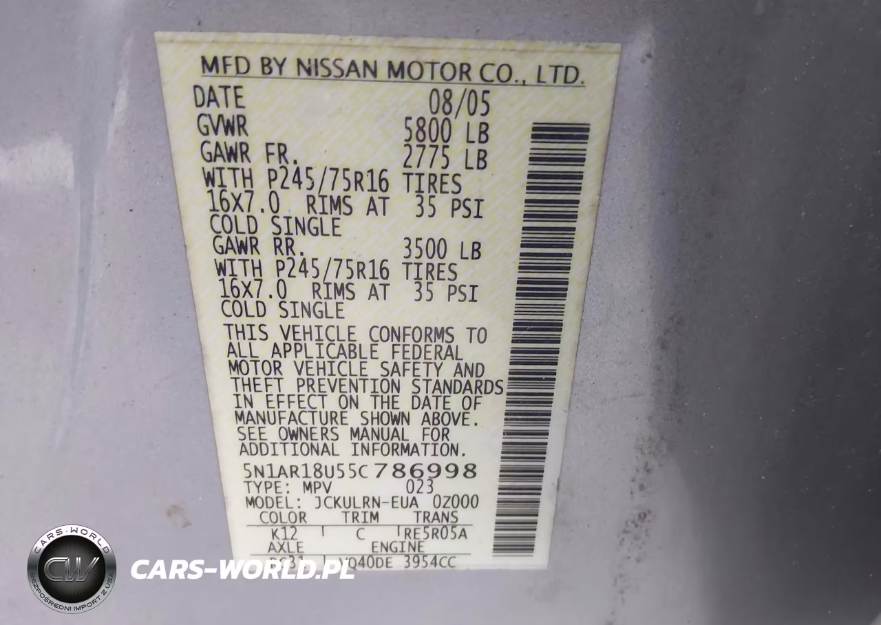 2005 Nissan Pathfinder Xe VIN:5N1AR18U55C786998 - 9