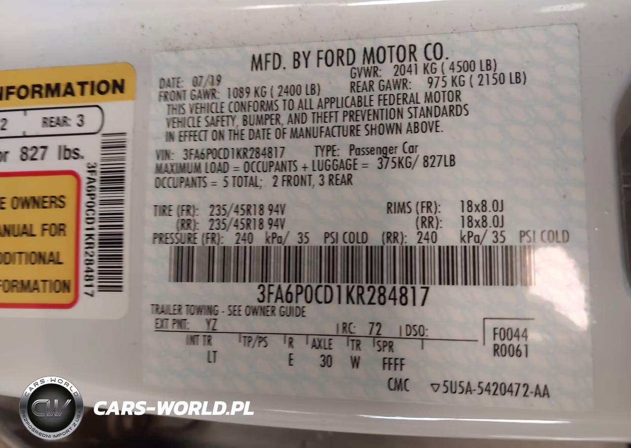 2019 Ford Fusion Sel VIN:3FA6P0CD1KR284817 - 9