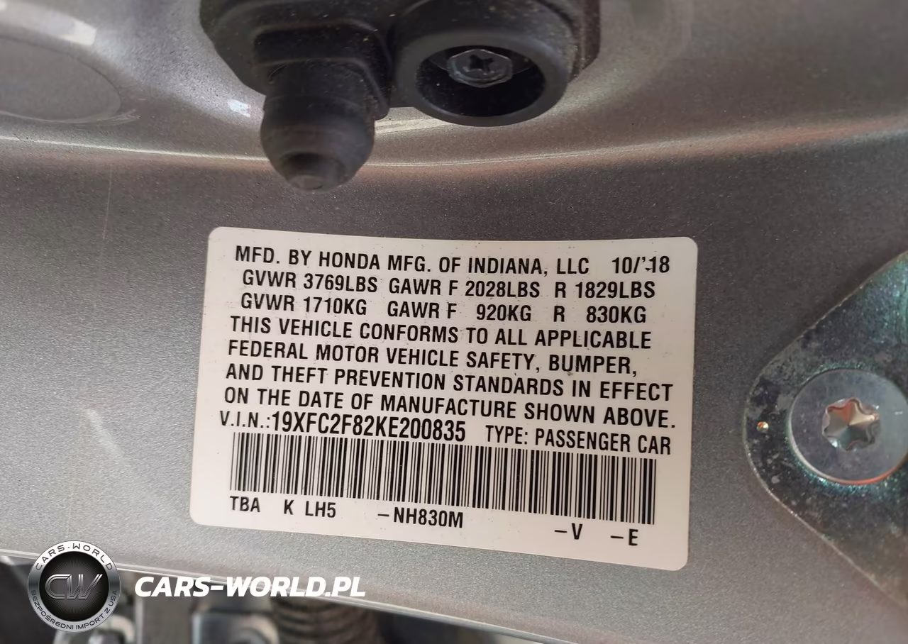 2019 Honda Civic Sport VIN:19XFC2F82KE200835 - 9
