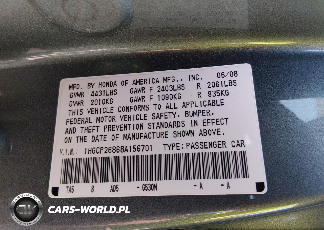 2008 Honda Accord 2.4 Ex-L VIN:1HGCP26868A156701 - 9