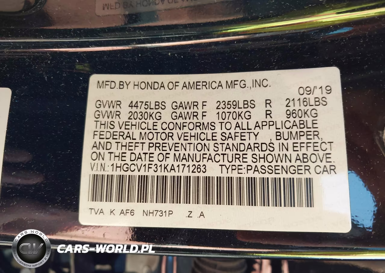 2019 Honda Accord Sport VIN:1HGCV1F31KA171263 - 9