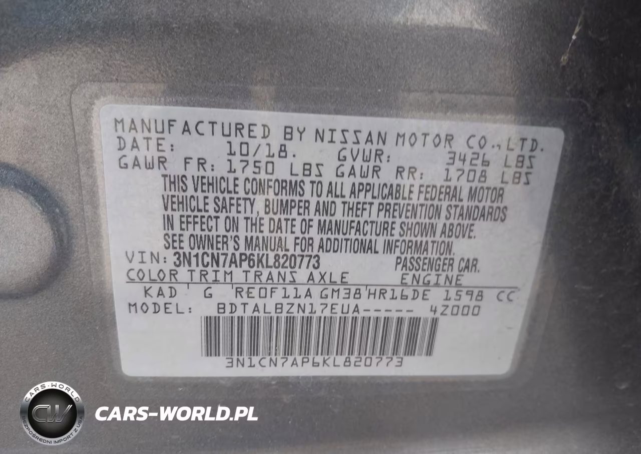 2019 Nissan Versa 1.6 Sv VIN:3N1CN7AP6KL820773 - 9