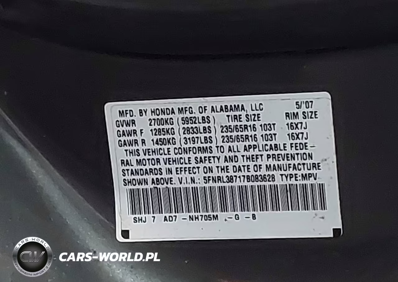 2007 Honda Odyssey Ex-L VIN:5FNRL38717B083628 - 9