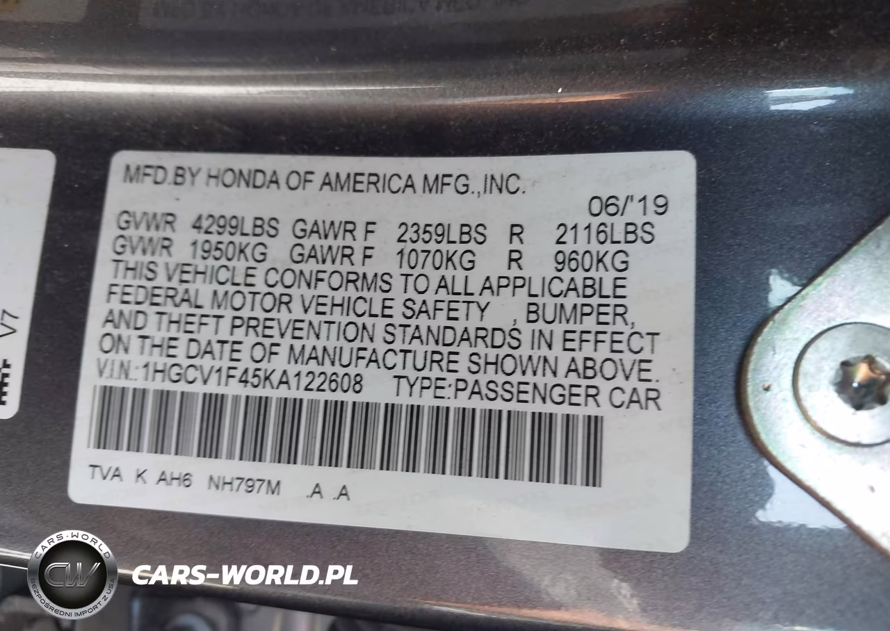 2019 Honda Accord Ex VIN:1HGCV1F45KA122608 - 9