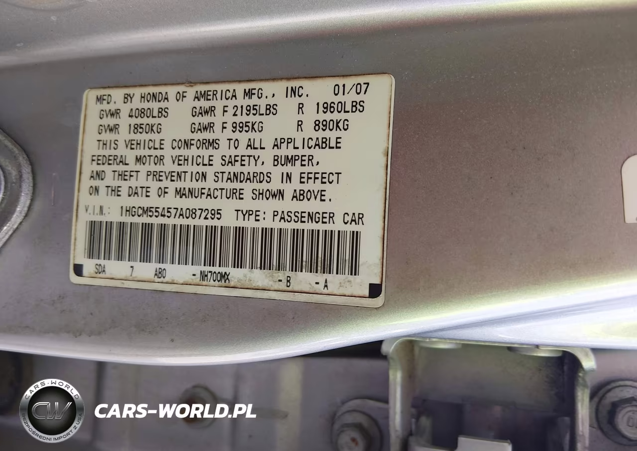 2007 Honda Accord 2.4 Lx VIN:1HGCM55457A087295 - 9
