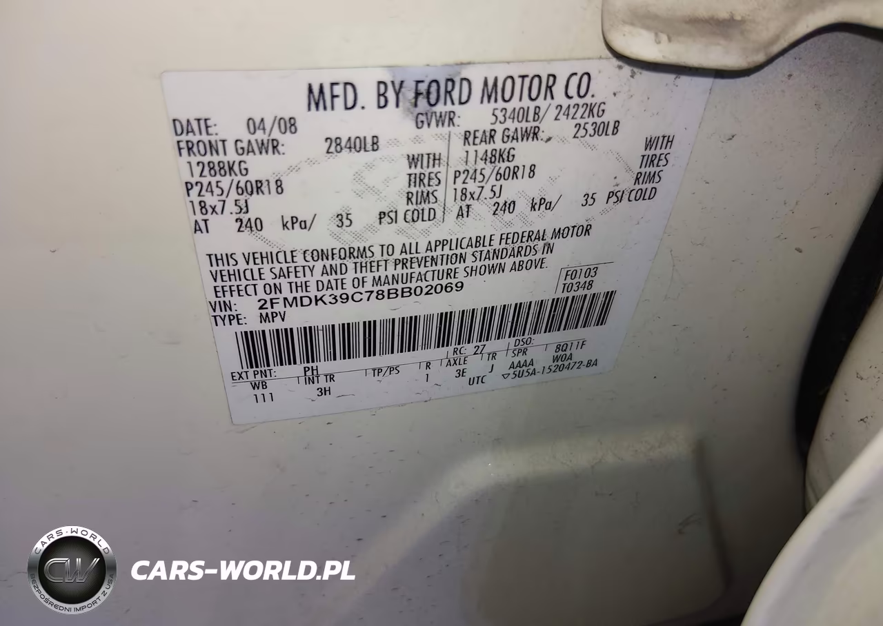 2008 Ford Edge Limited VIN:2FMDK39C78BB02069 - 9