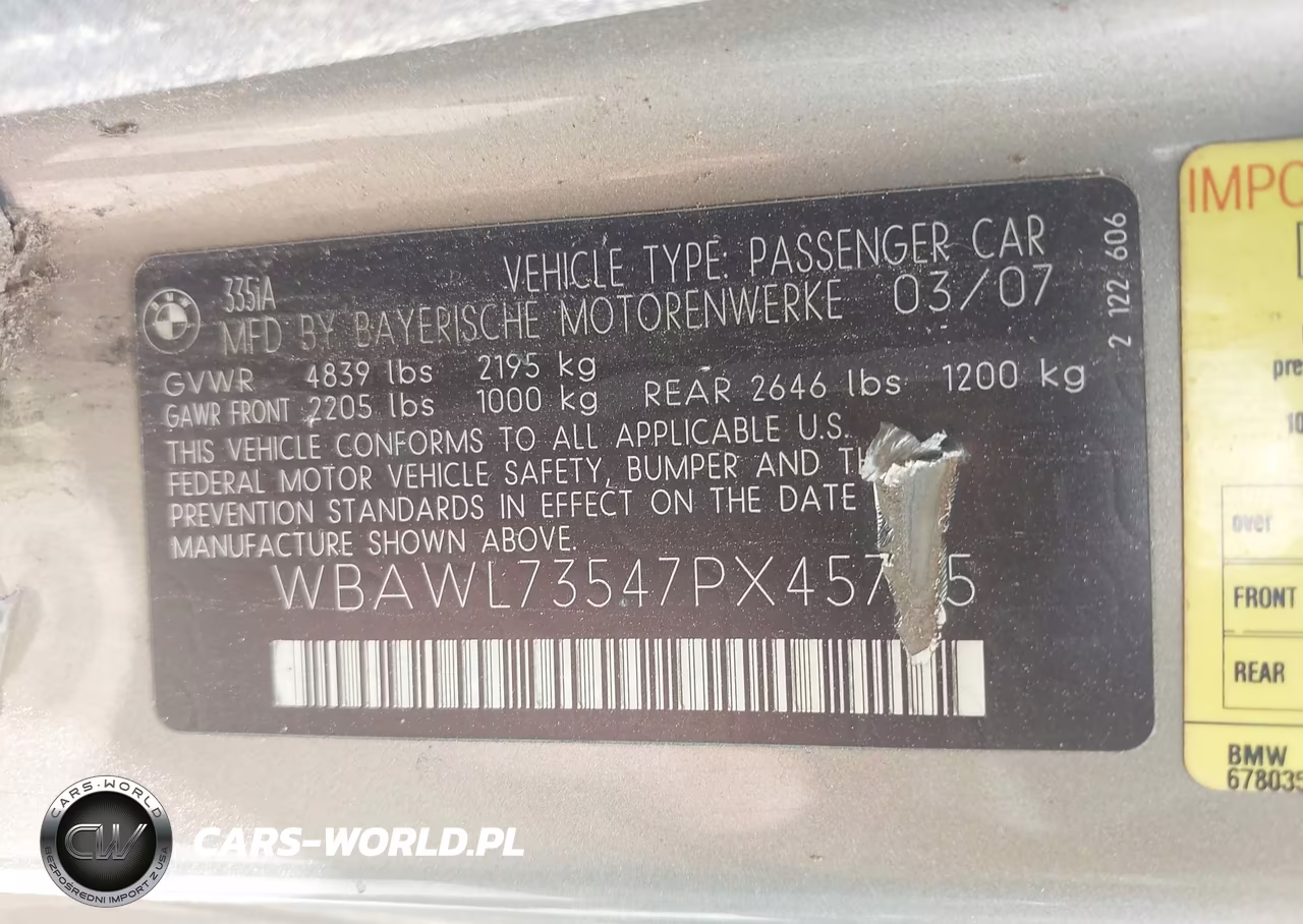 2007 BMW 335I VIN:WBAWL73547PX45785 - 9