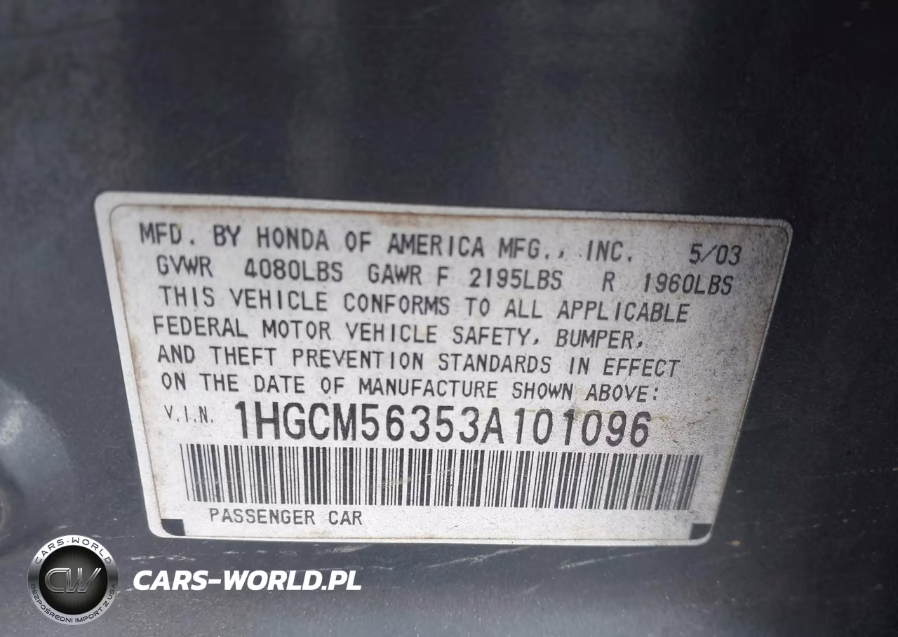 2003 Honda Accord 2.4 Lx VIN:1HGCM56353A101096 - 9