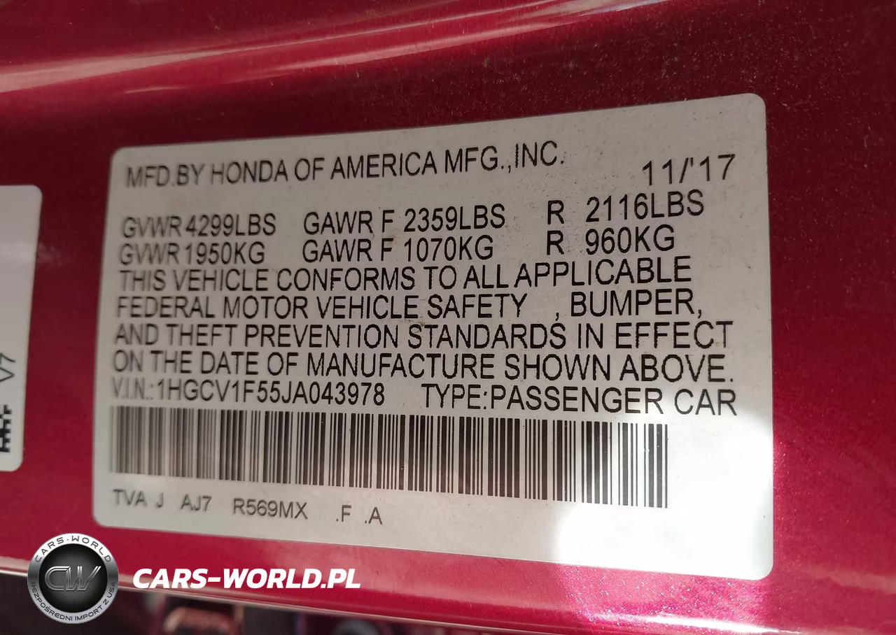 2018 Honda Accord Ex-L VIN:1HGCV1F55JA043978 - 9