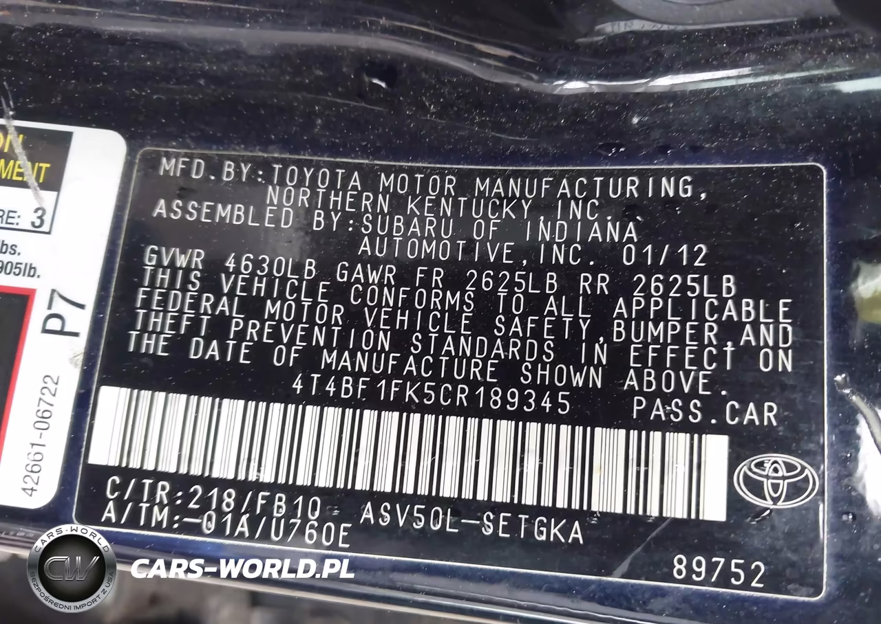 2012 Toyota Camry Xle VIN:4T4BF1FK5CR189345 - 9