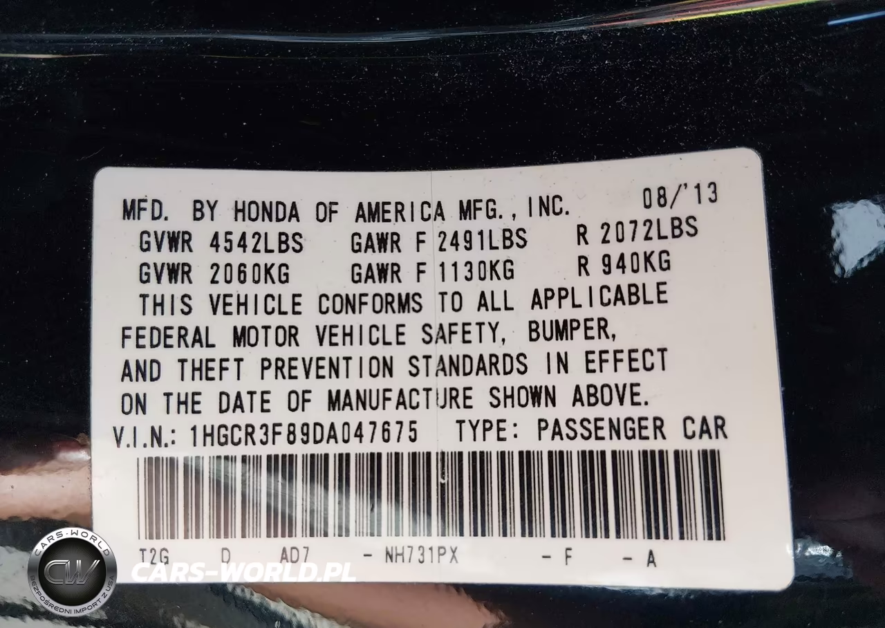 2013 Honda Accord Ex-L V-6 VIN:1HGCR3F89DA047675 - 9