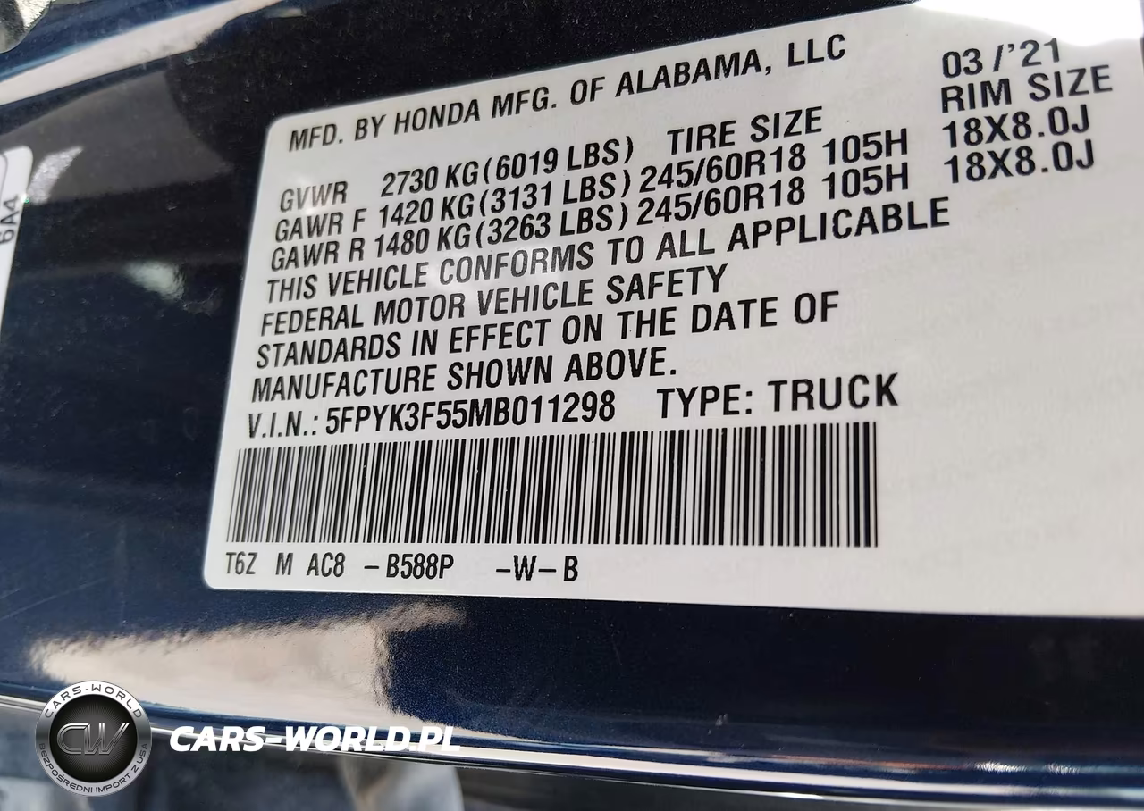 2021 Honda Ridgeline Awd Rtl VIN:5FPYK3F55MB011298 - 9