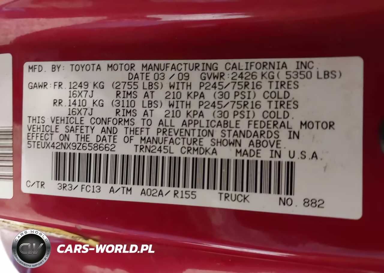 2009 Toyota Tacoma VIN:5TEUX42NX9Z658662 - 9