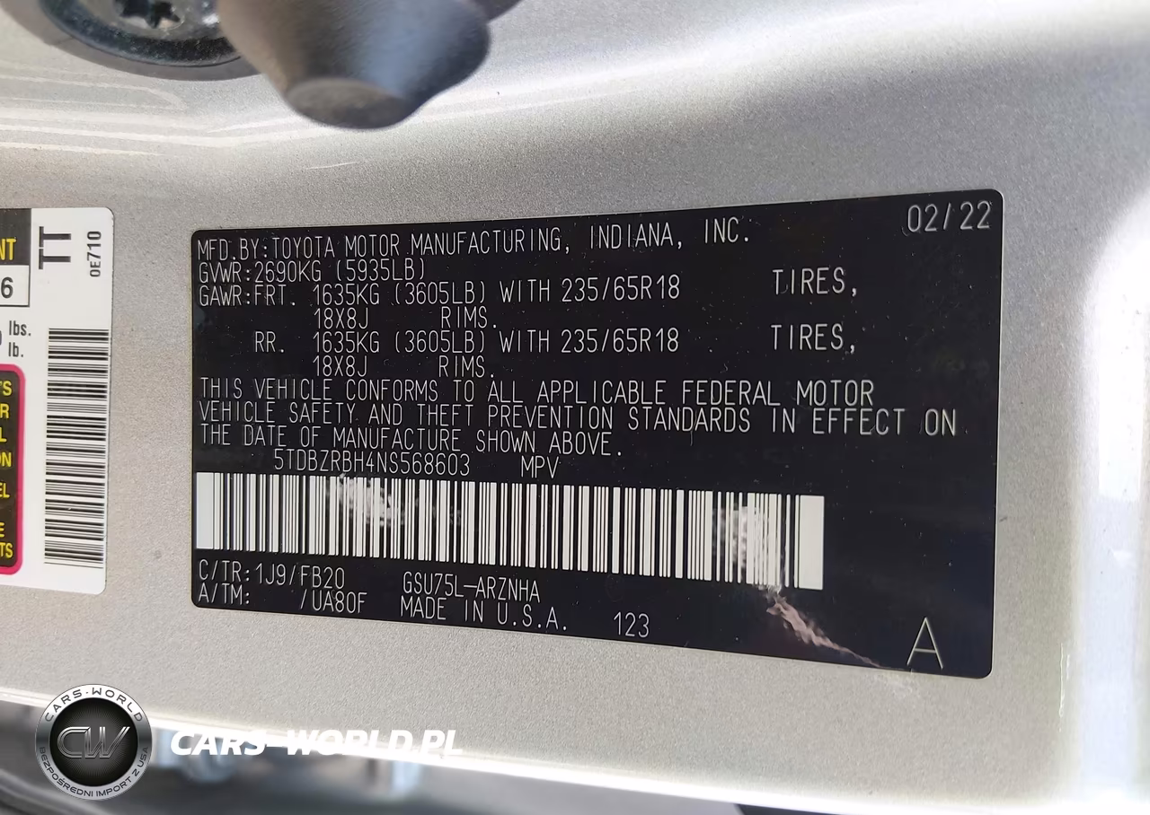 2022 Toyota Highlander Le VIN:5TDBZRBH4NS568603 - 9