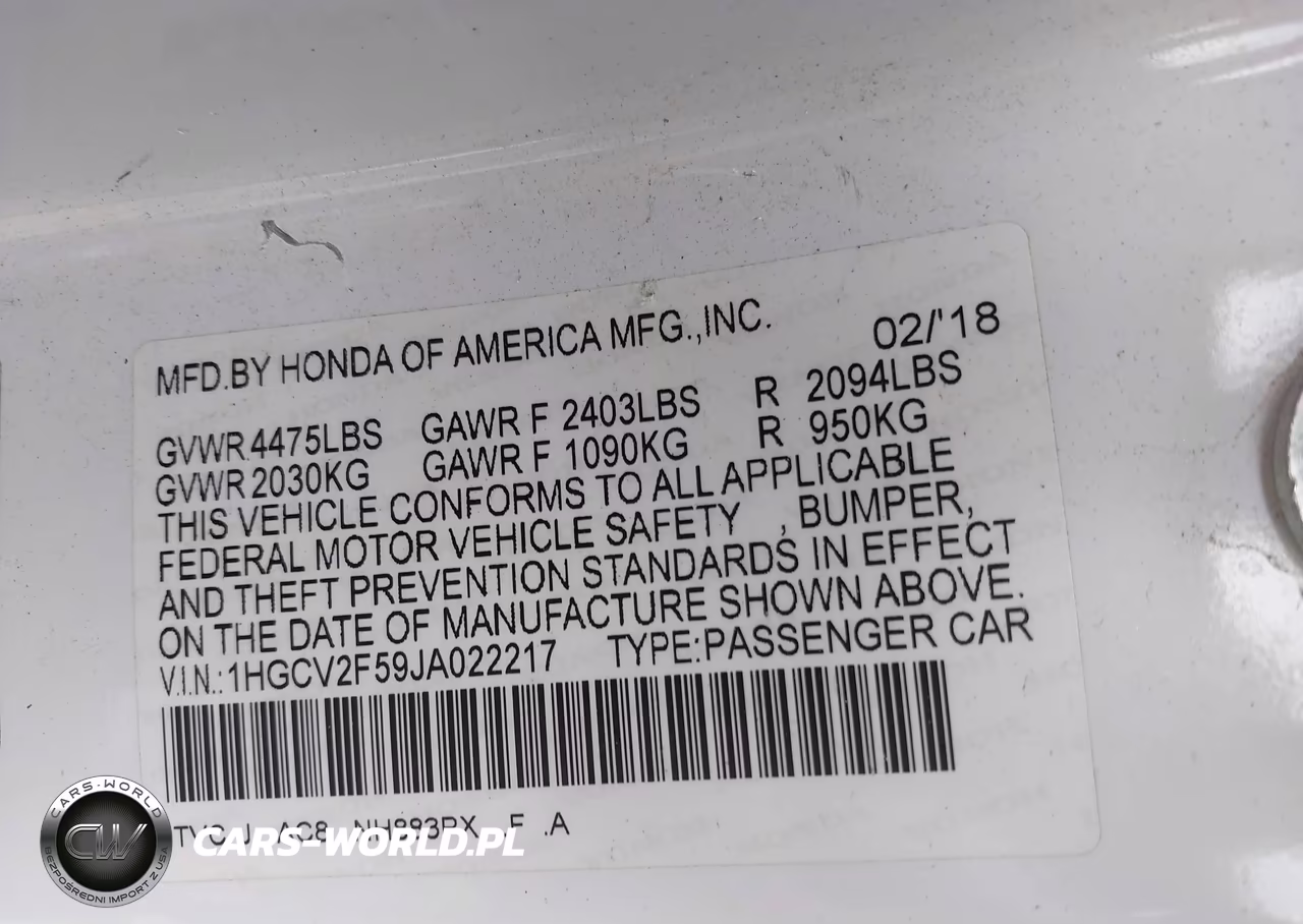 2018 Honda Accord Ex-L 2.0T VIN:1HGCV2F59JA022217 - 9
